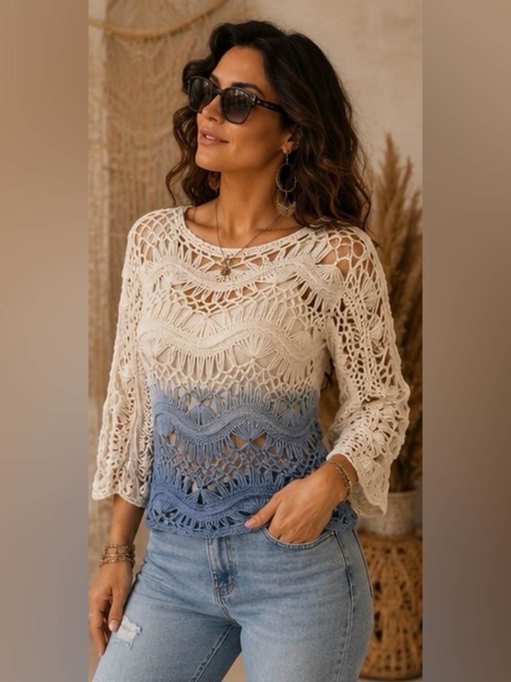 Jason Maxwell Crochet Ombre Boho Top Size M Cream Blue Open Knit